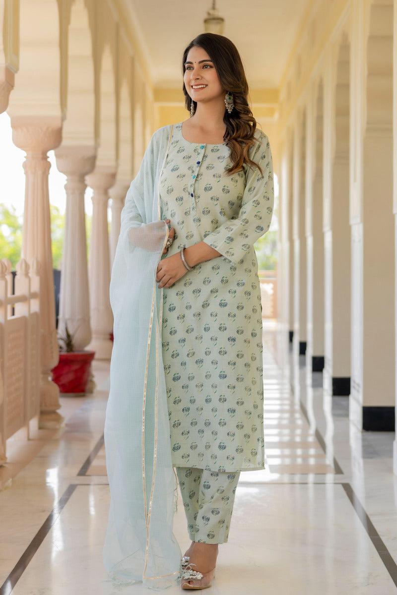 Green Printed Chanderi Suit with Dupatta