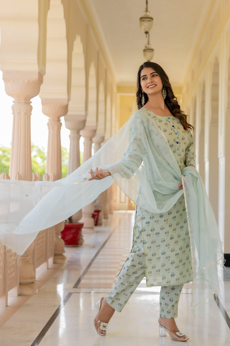 Green Printed Chanderi Suit with Dupatta