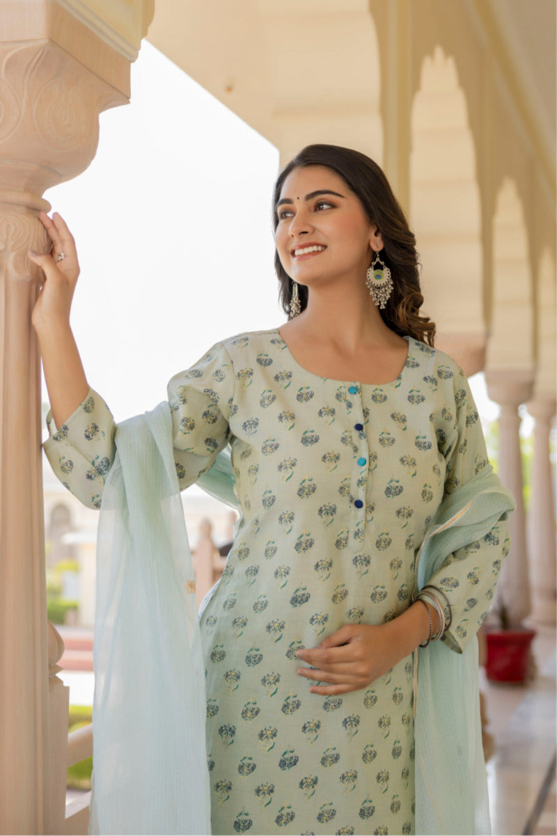 Green Printed Chanderi Suit with Dupatta