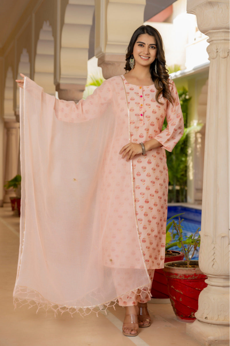 Orange Printed Chanderi Suit with Dupatta