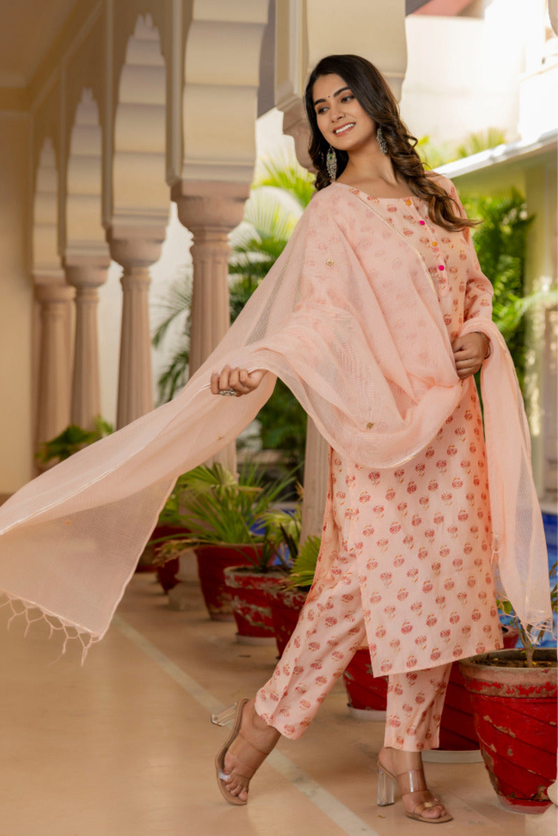 Orange Printed Chanderi Suit with Dupatta