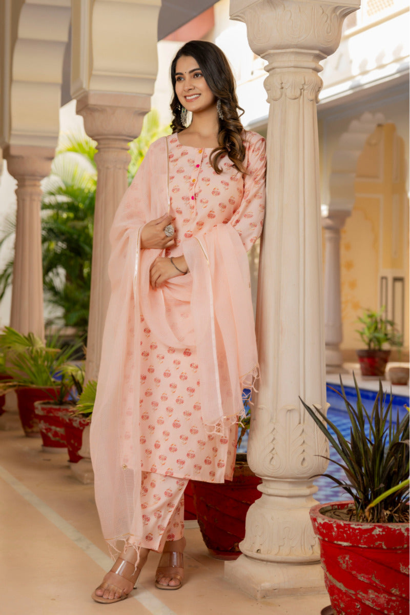 Orange Printed Chanderi Suit with Dupatta