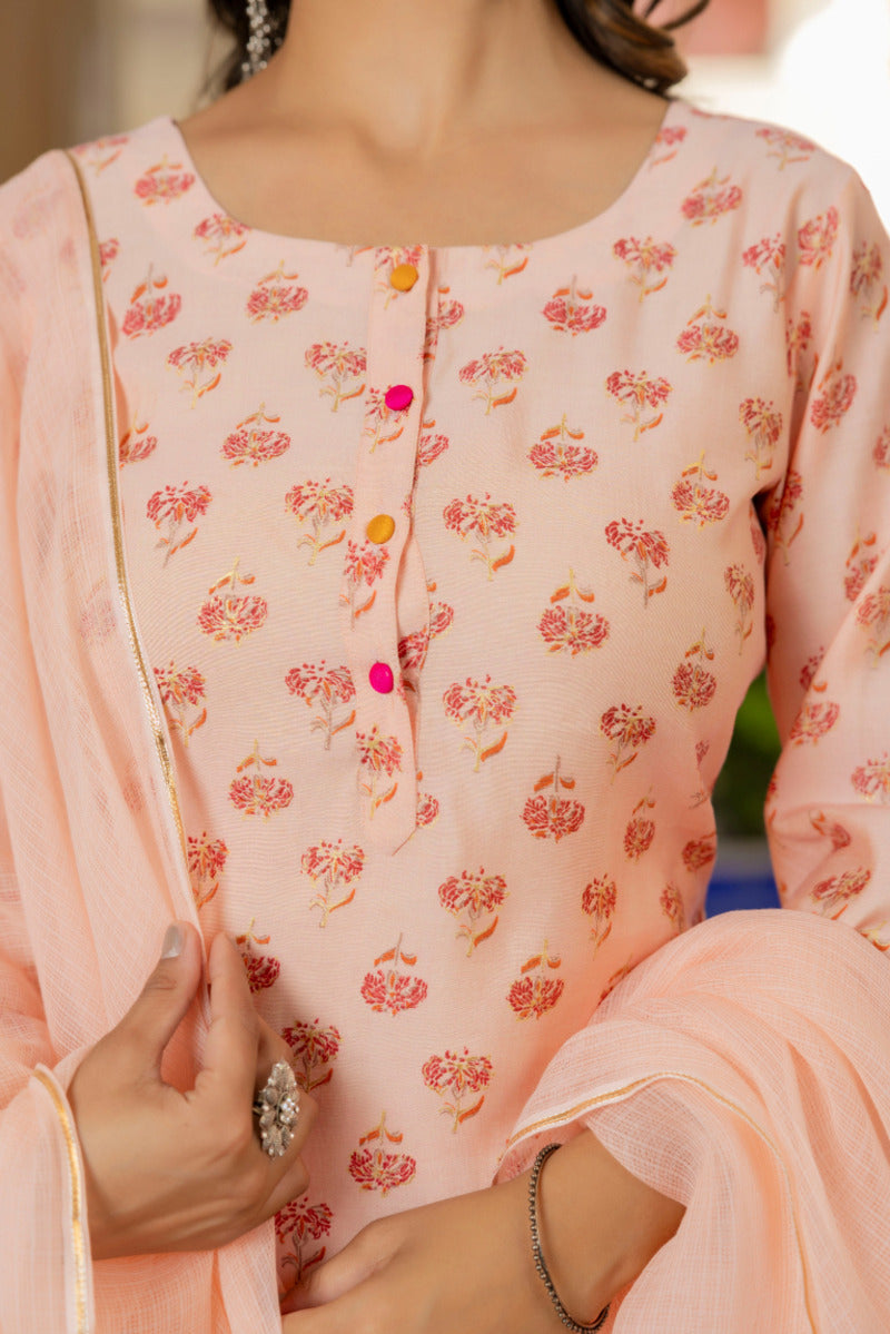 Orange Printed Chanderi Suit with Dupatta