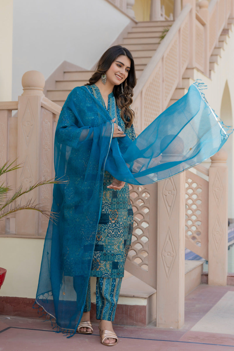 Blue Printed Chanderi Suit with Dupatta