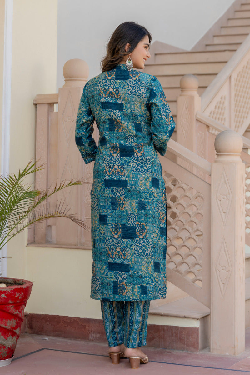 Blue Printed Chanderi Suit with Dupatta