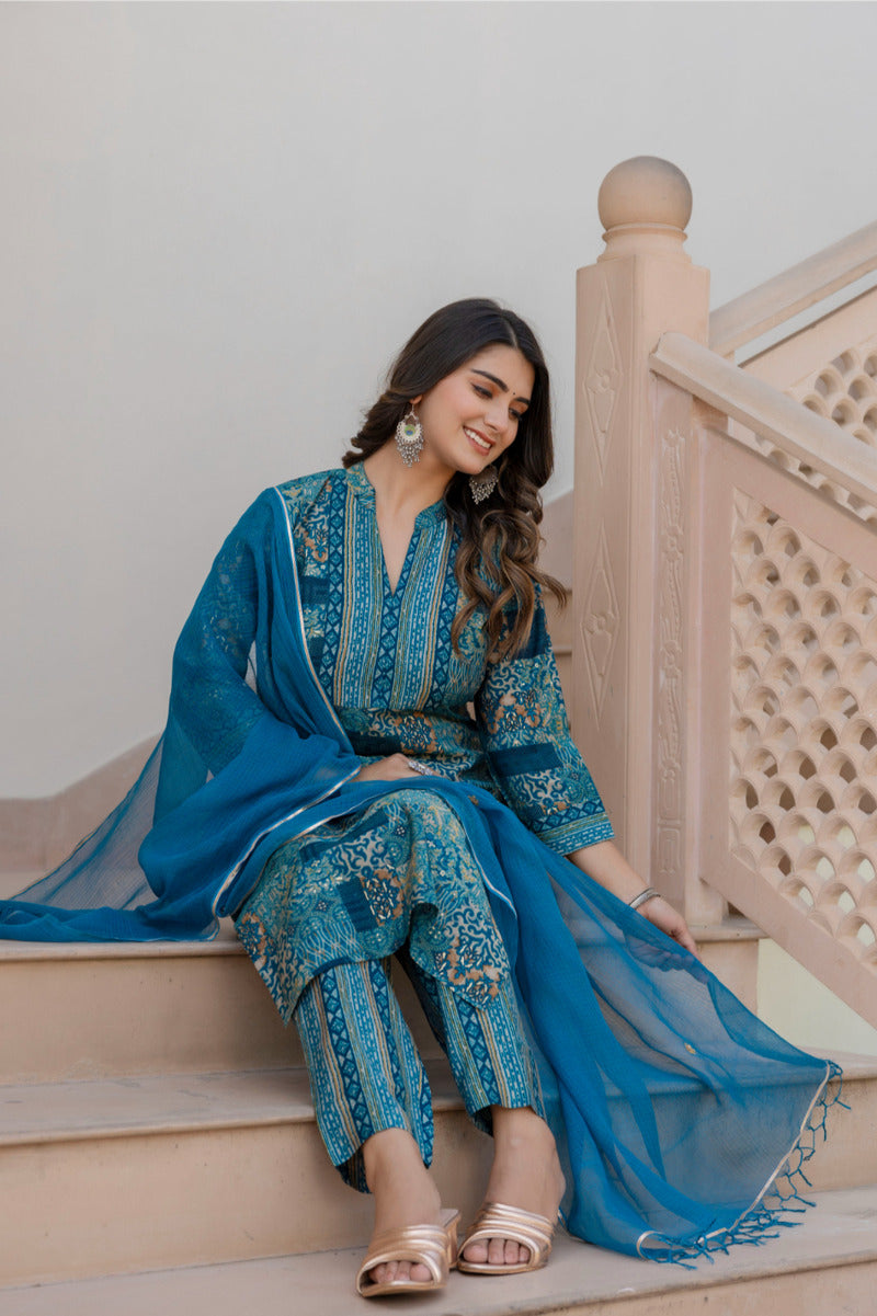 Blue Printed Chanderi Suit with Dupatta