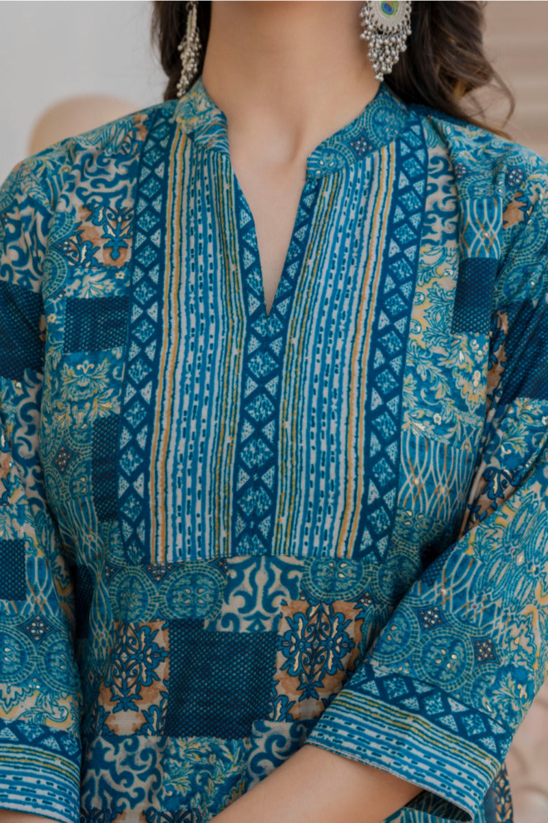 Blue Printed Chanderi Suit with Dupatta