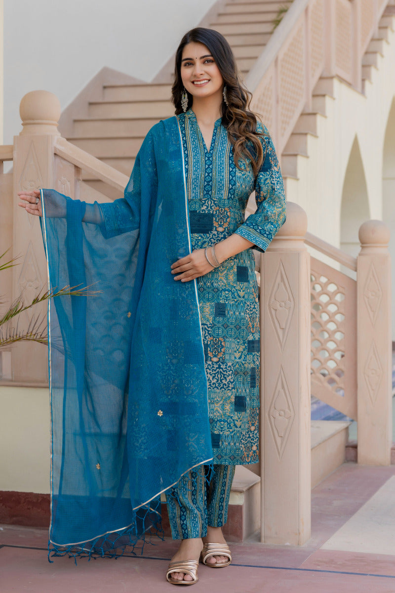 Blue Printed Chanderi Suit with Dupatta