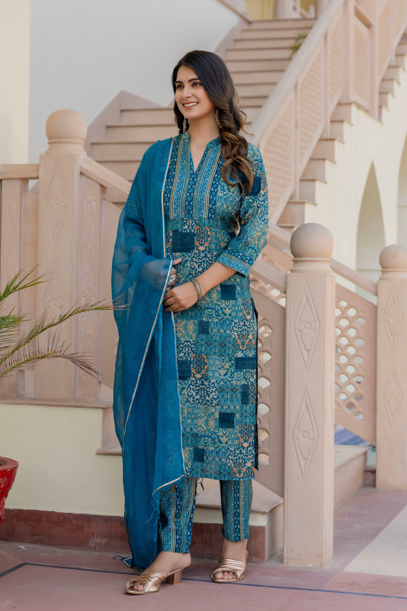 Blue Printed Chanderi Suit with Dupatta