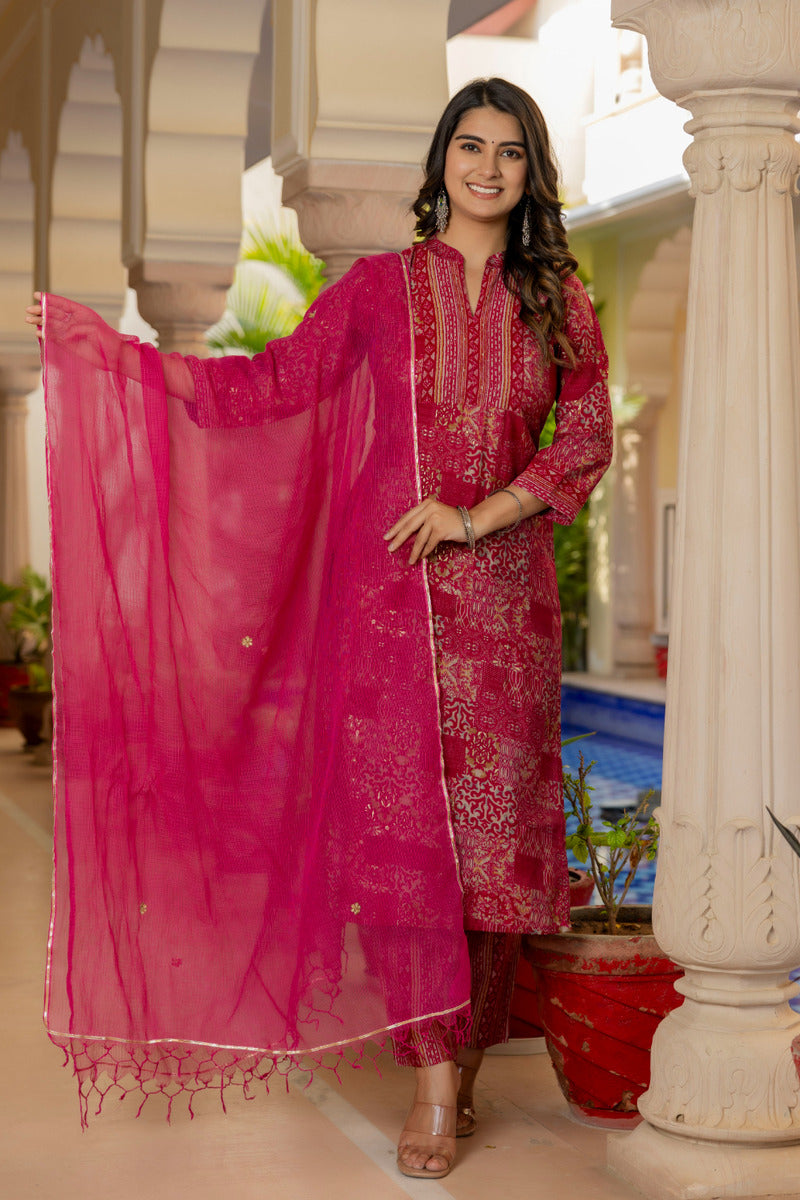 Pink Printed Chanderi Suit with Dupatta