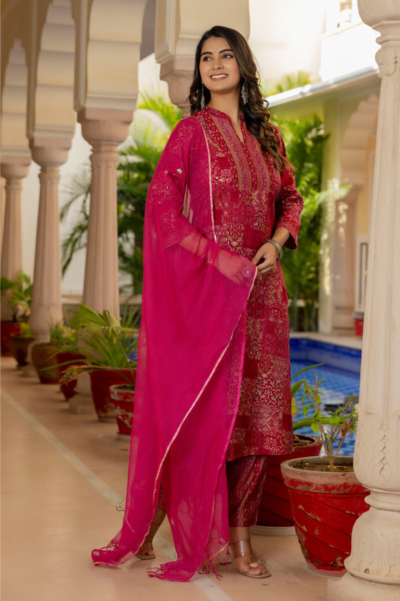 Pink Printed Chanderi Suit with Dupatta