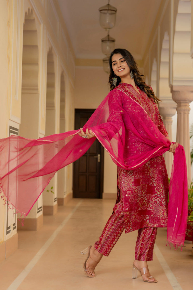 Pink Printed Chanderi Suit with Dupatta