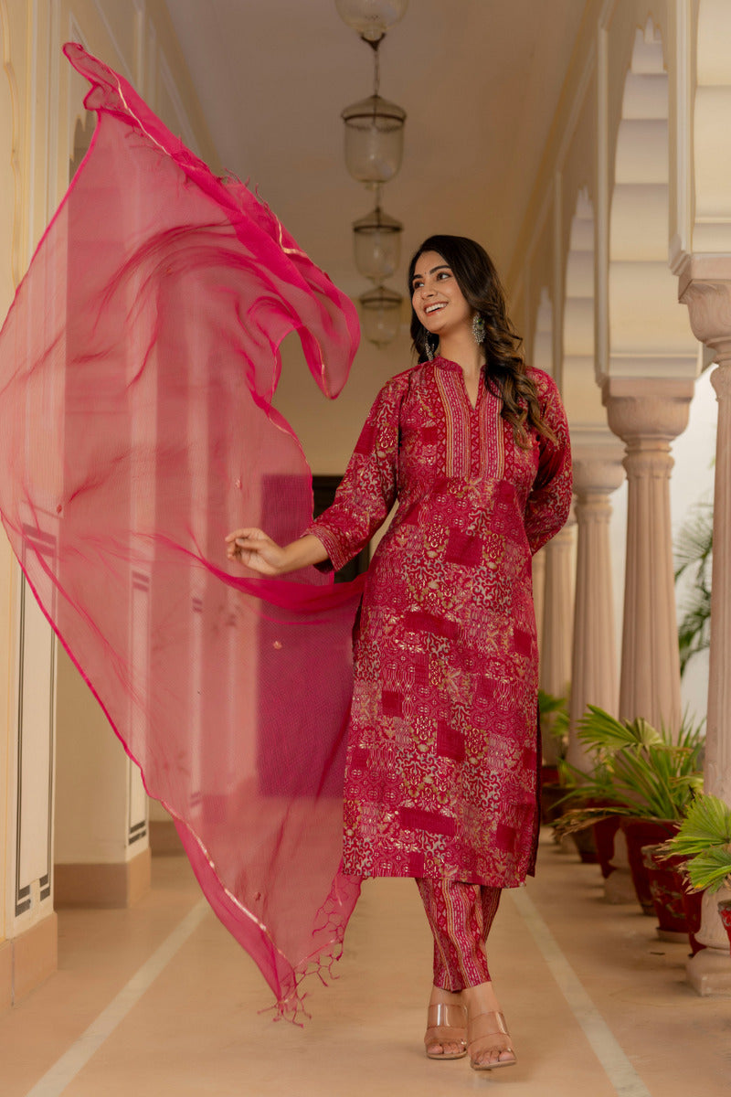 Pink Printed Chanderi Suit with Dupatta