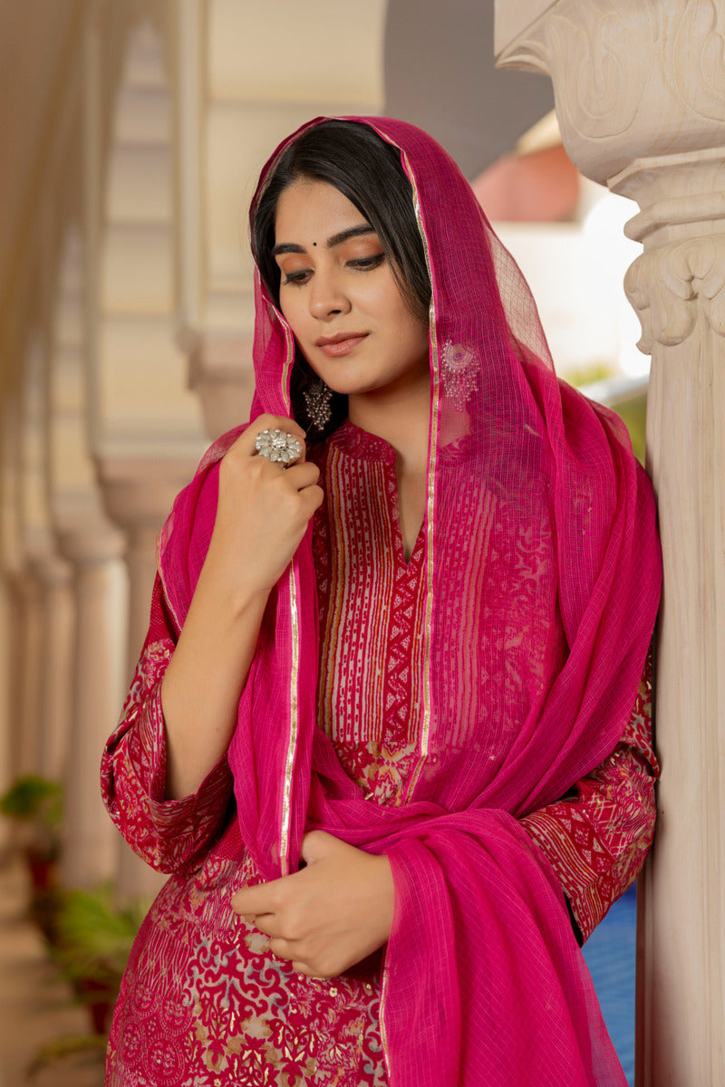 Pink Printed Chanderi Suit with Dupatta