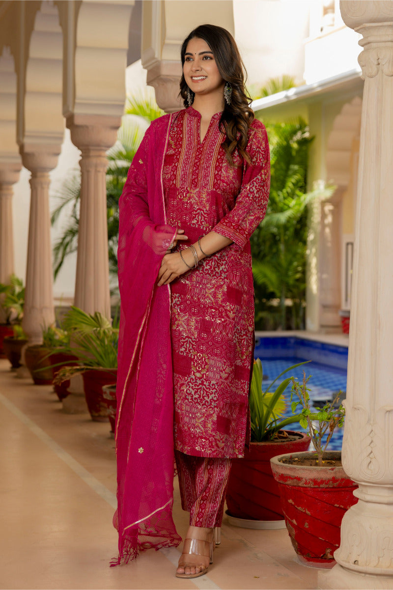 Pink Printed Chanderi Suit with Dupatta