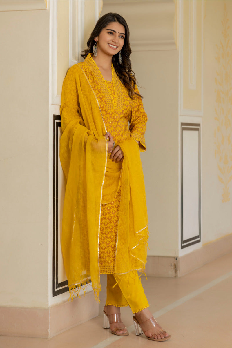 Yellow Printed Chanderi Suit with Dupatta