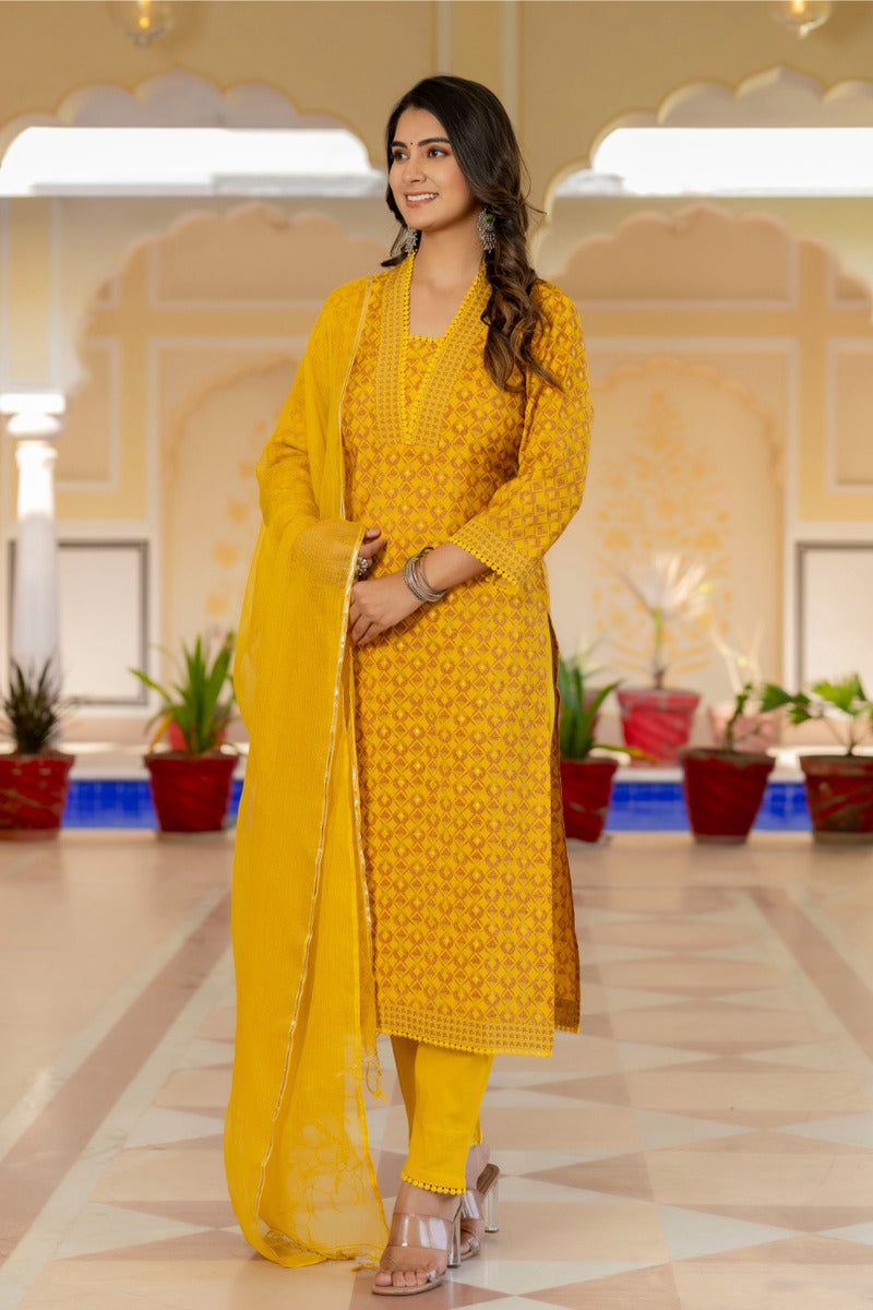 Yellow Printed Chanderi Suit with Dupatta