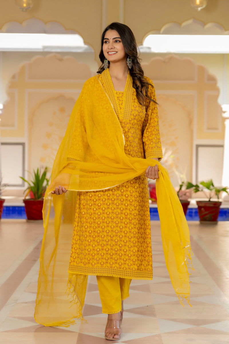 Yellow Printed Chanderi Suit with Dupatta