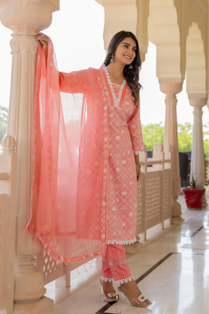 Pink Printed Chanderi Suit with Dupatta