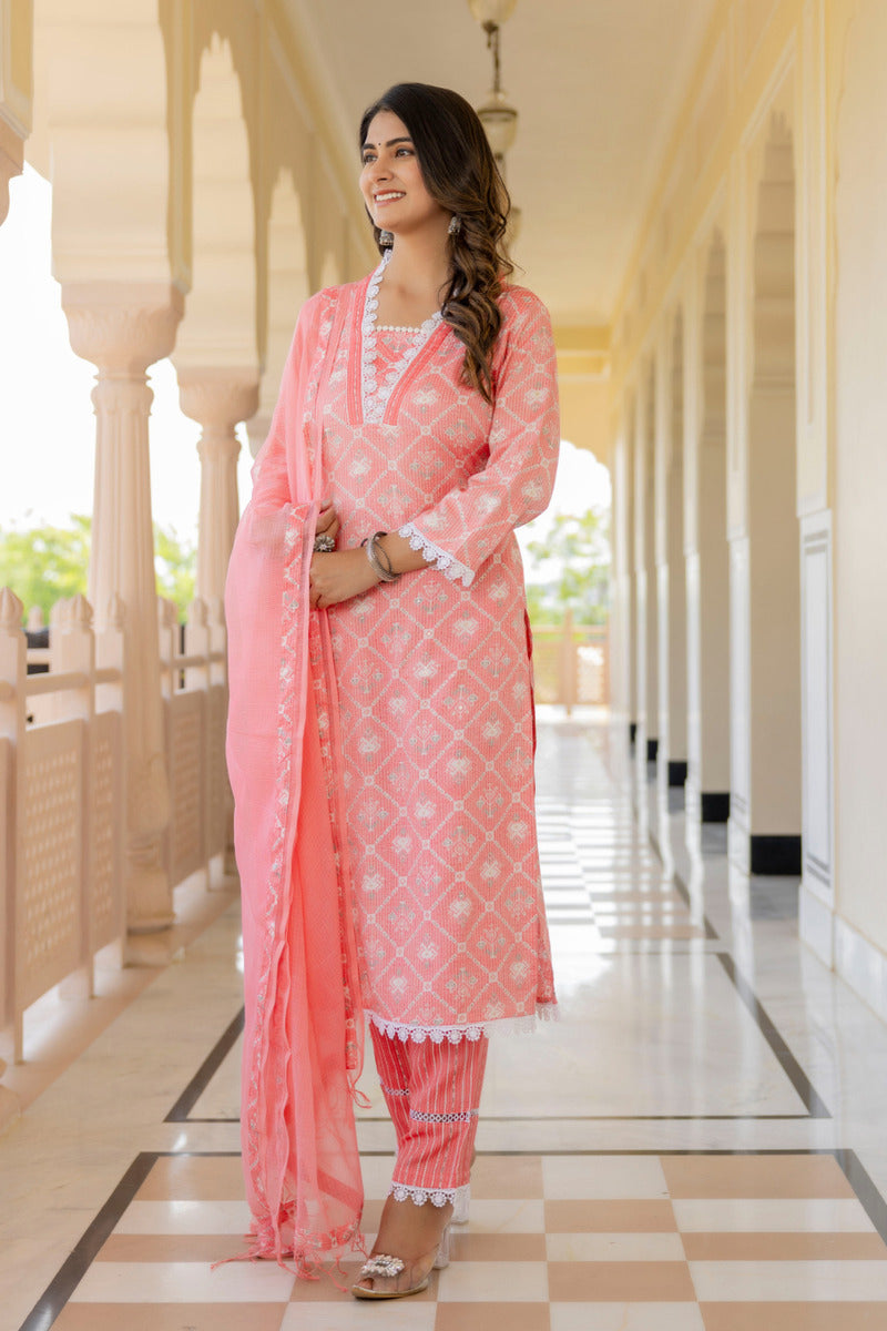 Pink Printed Chanderi Suit with Dupatta