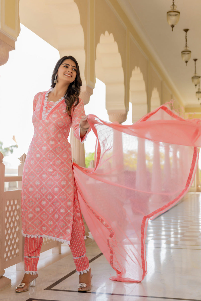 Pink Printed Chanderi Suit with Dupatta