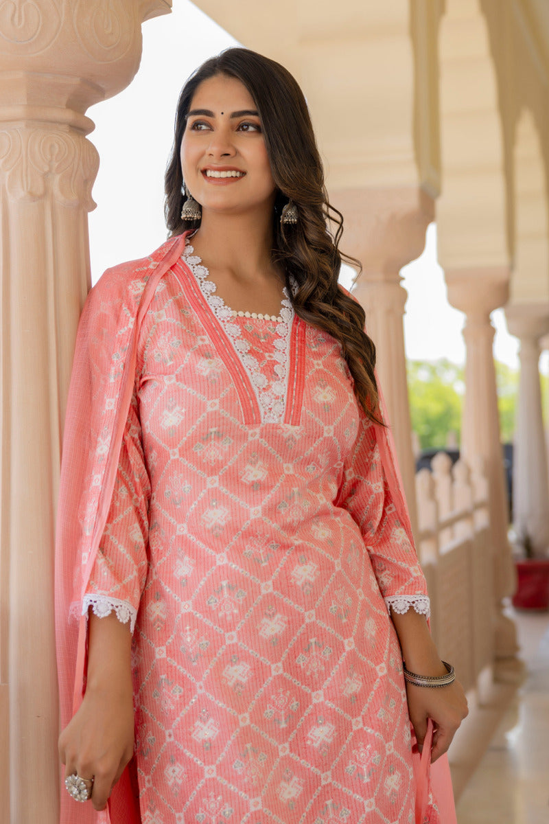 Pink Printed Chanderi Suit with Dupatta