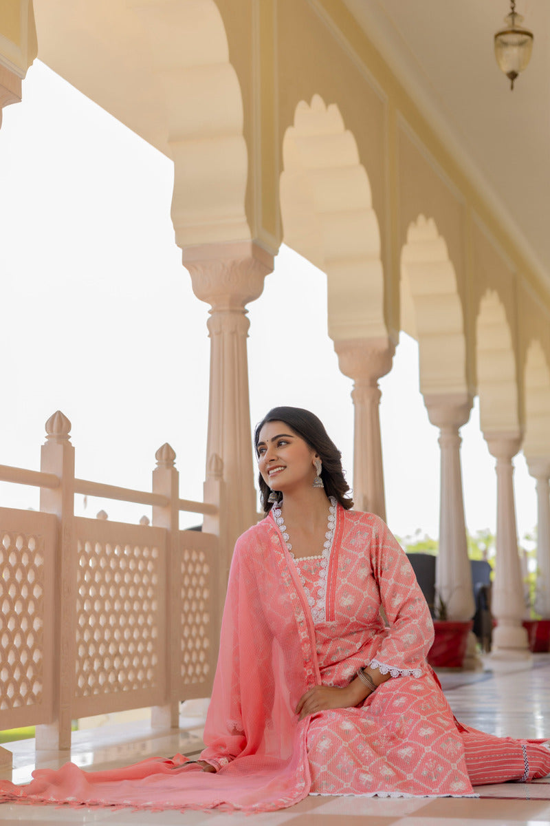 Pink Printed Chanderi Suit with Dupatta