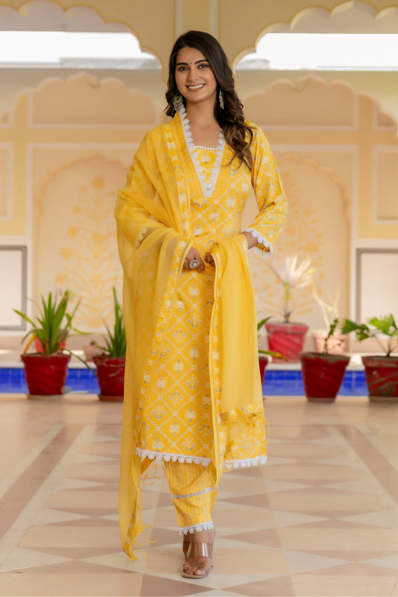 Yellow Printed Chanderi Suit with Dupatta