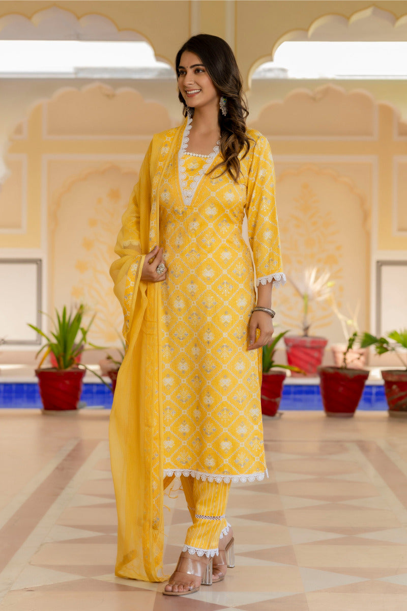 Yellow Printed Chanderi Suit with Dupatta