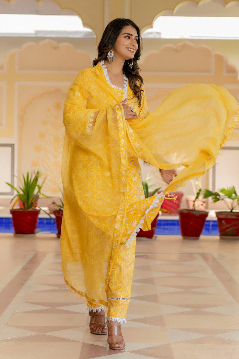 Yellow Printed Chanderi Suit with Dupatta