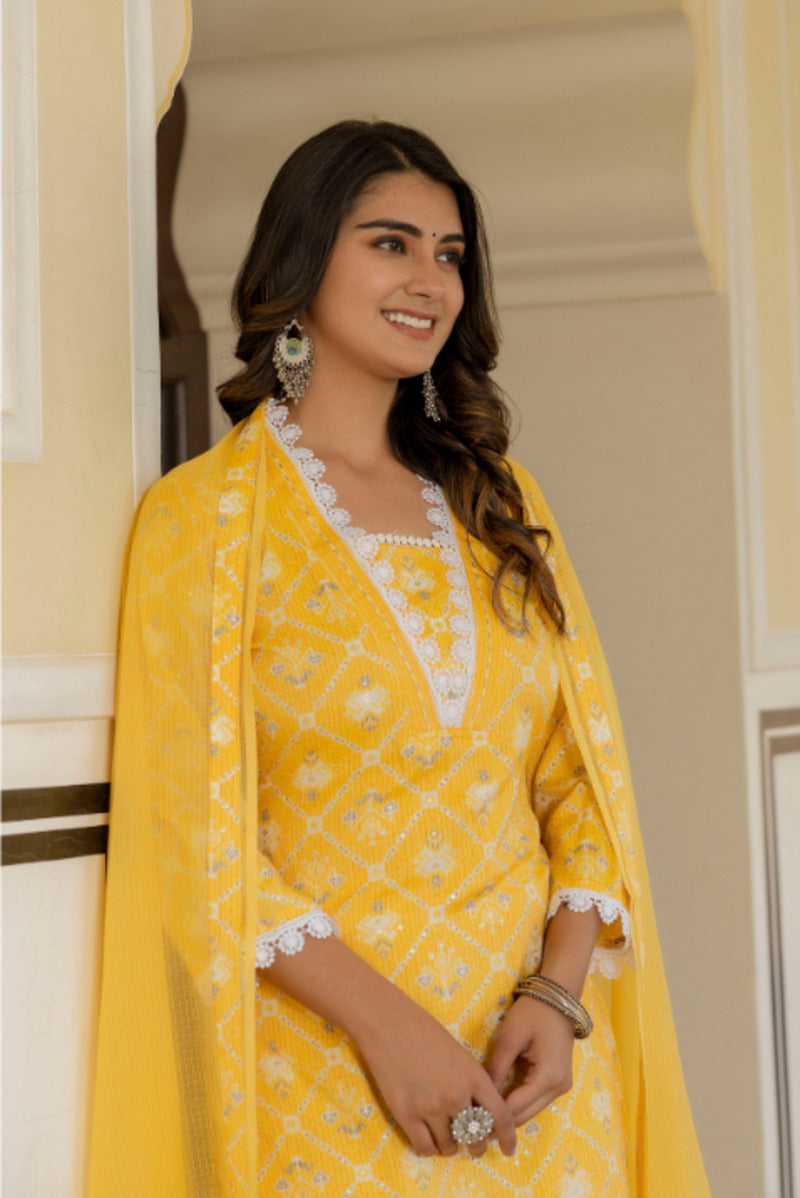 Yellow Printed Chanderi Suit with Dupatta