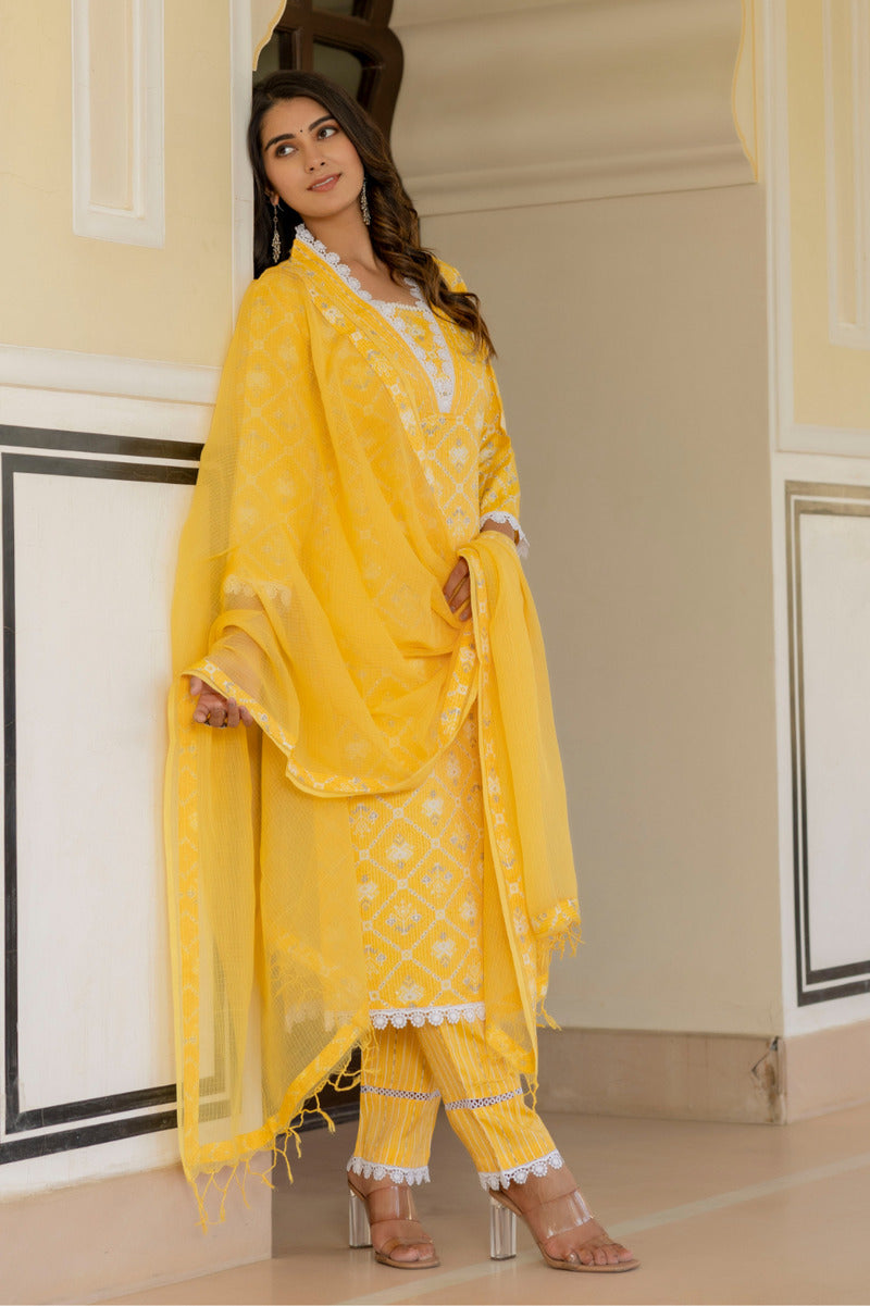 Yellow Printed Chanderi Suit with Dupatta