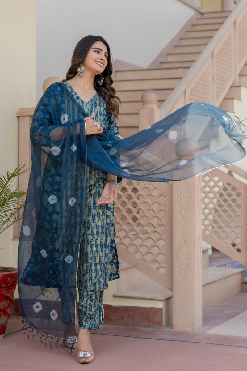 Blue Printed Chanderi Suit with Dupatta