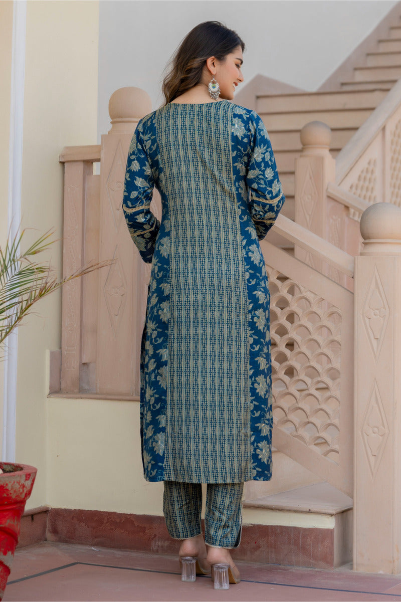 Blue Printed Chanderi Suit with Dupatta