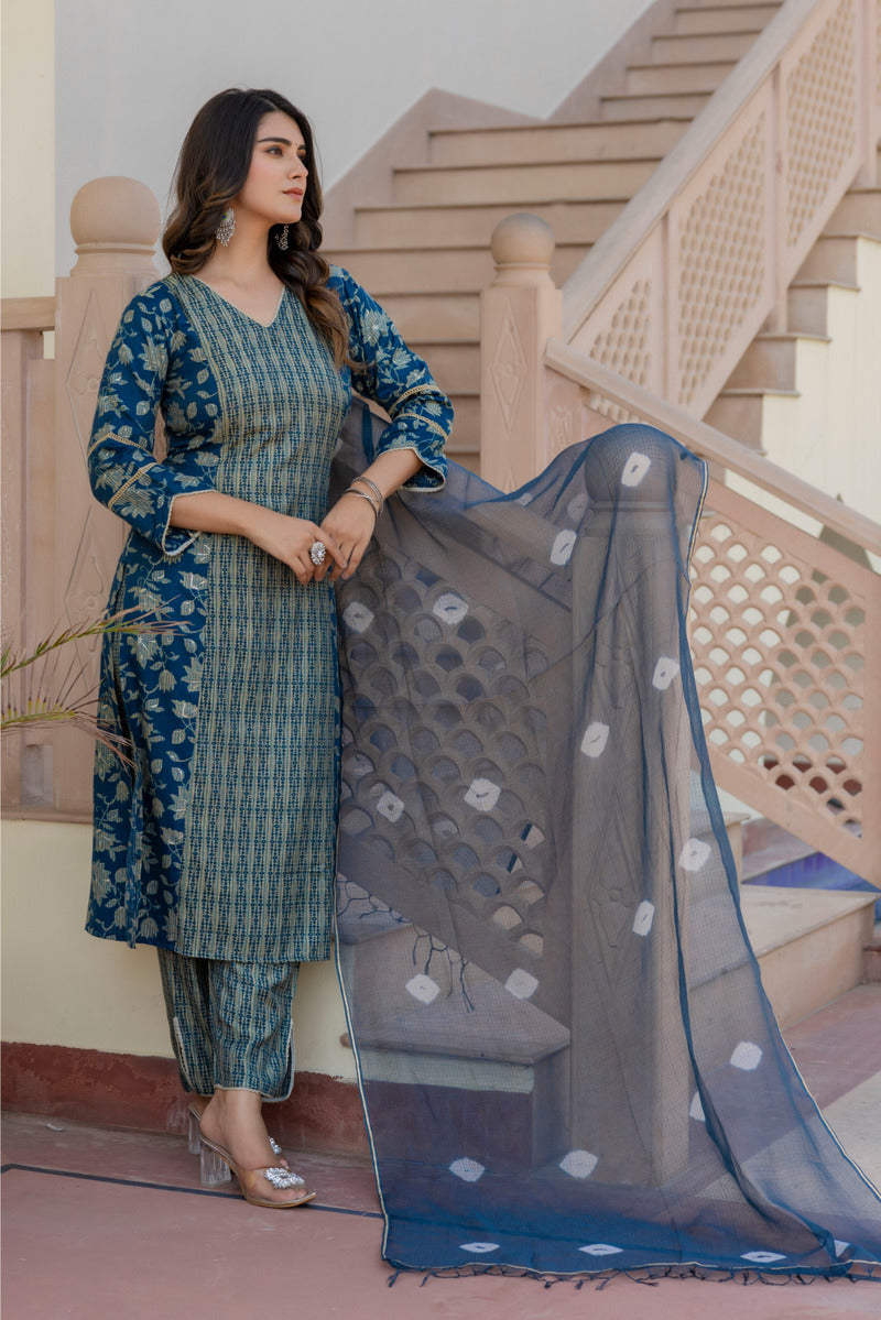 Blue Printed Chanderi Suit with Dupatta