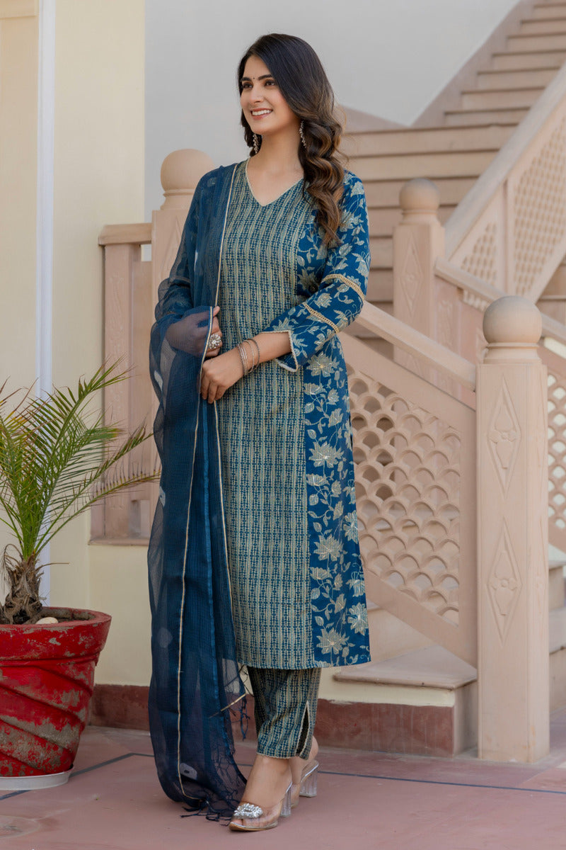 Blue Printed Chanderi Suit with Dupatta