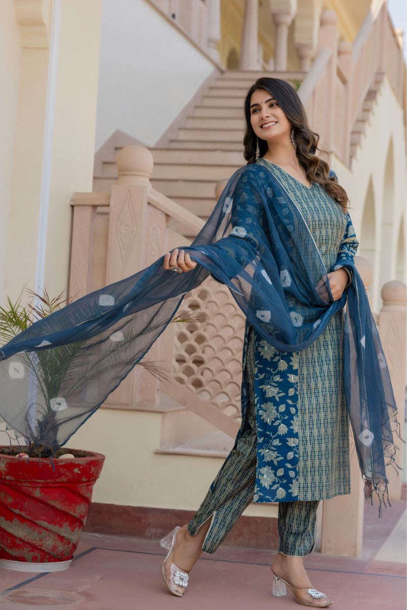 Blue Printed Chanderi Suit with Dupatta