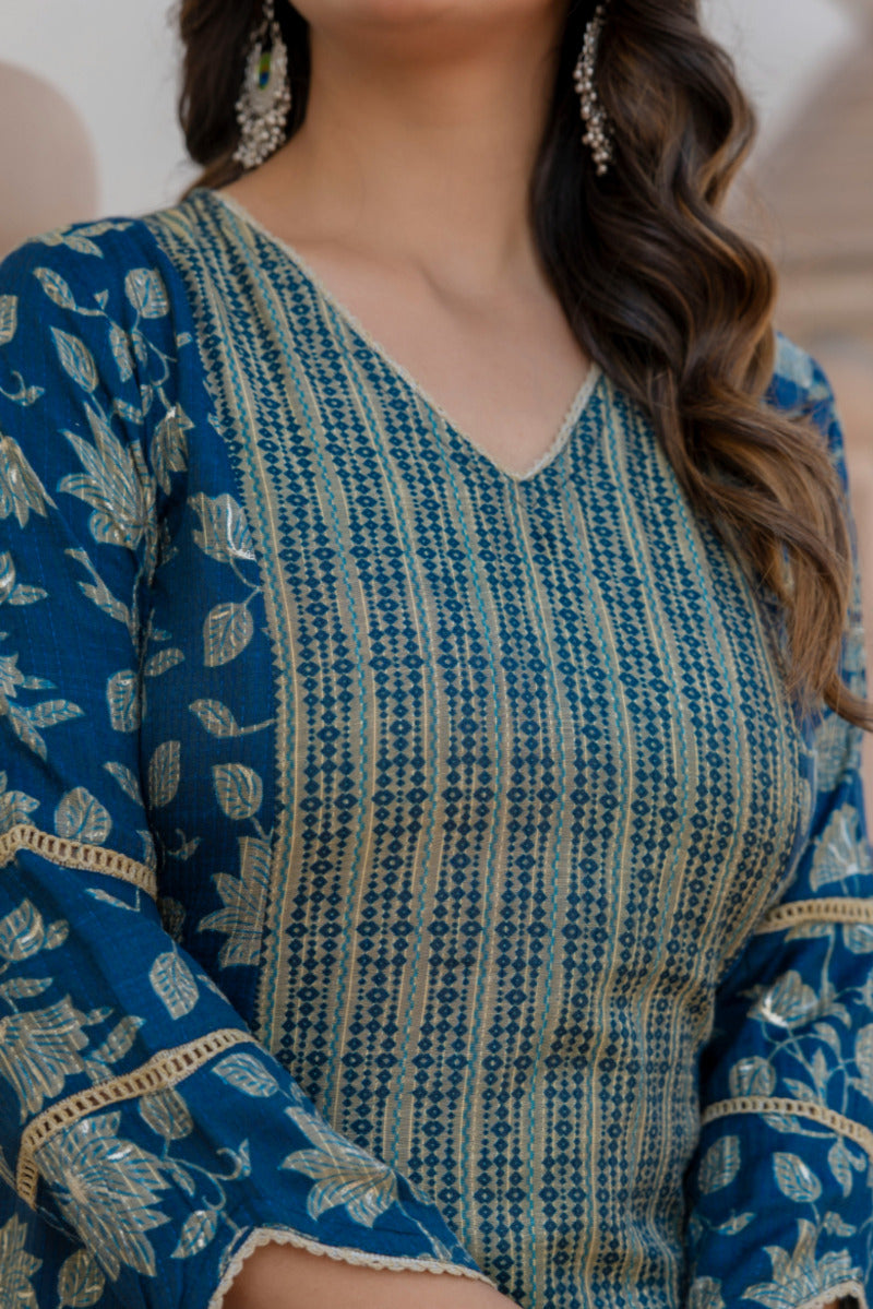 Blue Printed Chanderi Suit with Dupatta