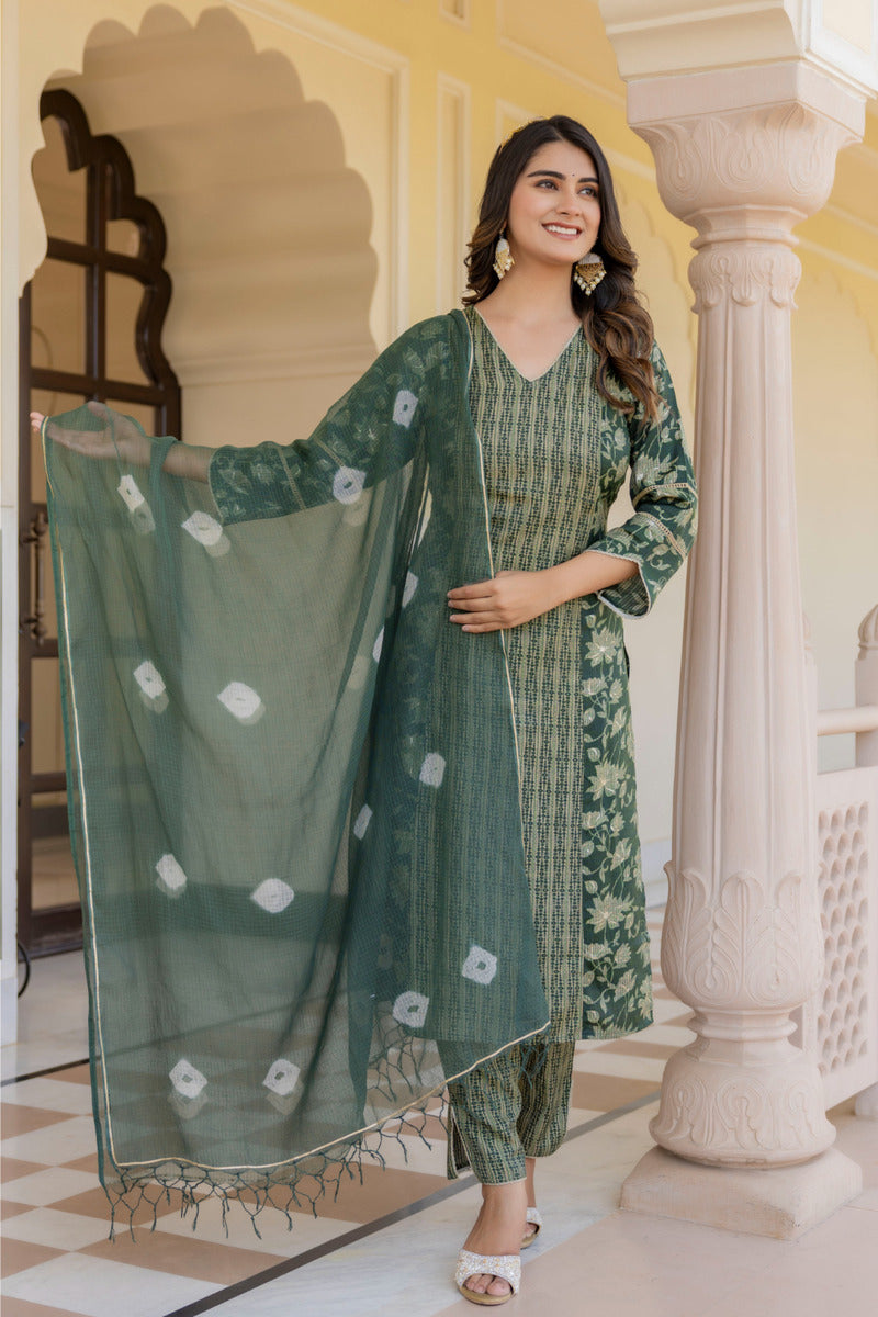 Green Printed Chanderi Suit with Dupatta