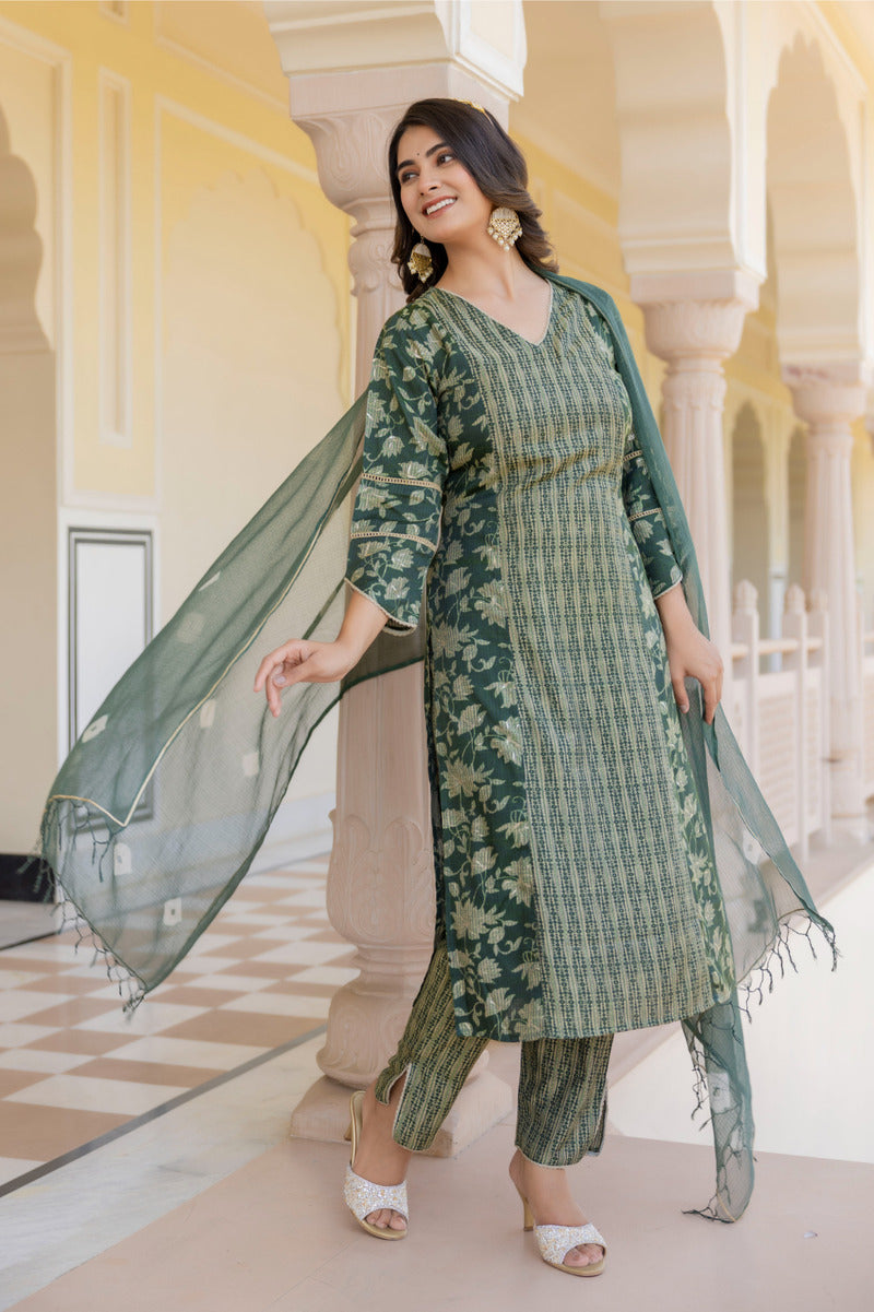 Green Printed Chanderi Suit with Dupatta