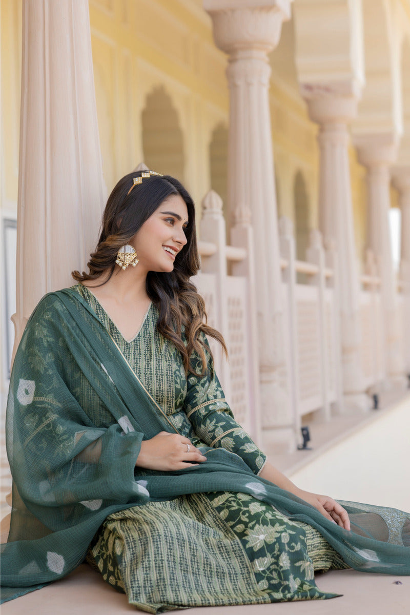 Green Printed Chanderi Suit with Dupatta