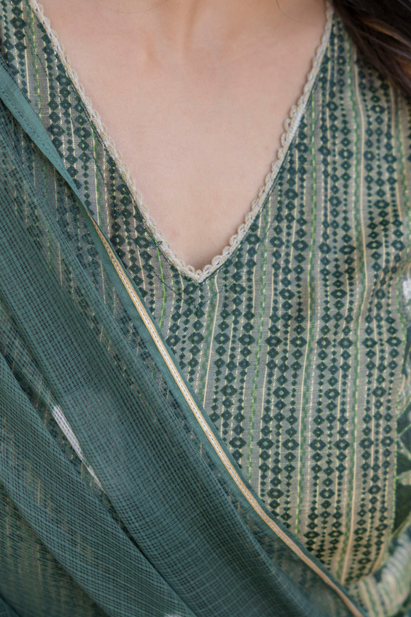 Green Printed Chanderi Suit with Dupatta