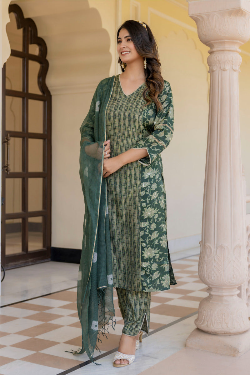 Green Printed Chanderi Suit with Dupatta