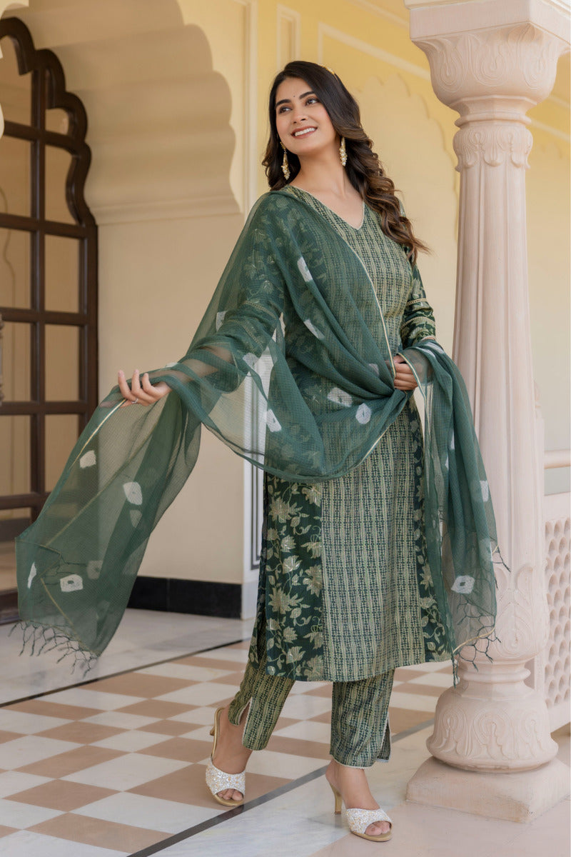 Green Printed Chanderi Suit with Dupatta