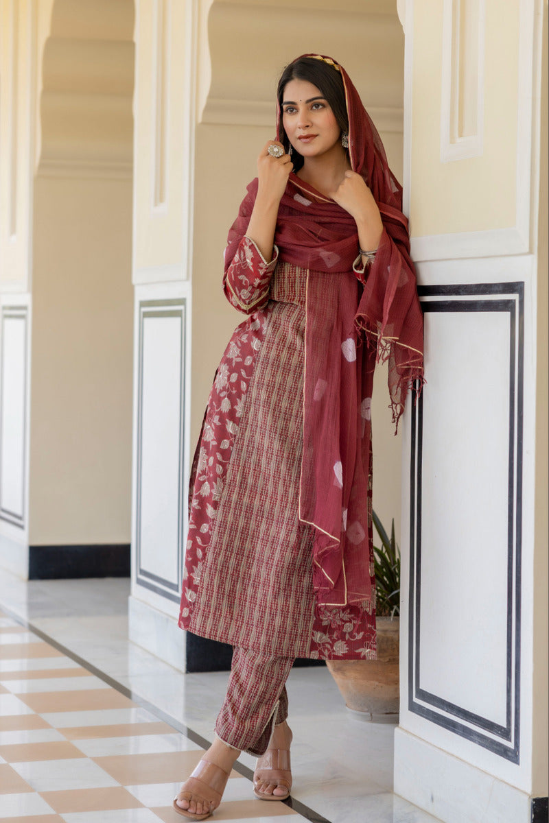 Red Printed Chanderi Suit with Dupatta