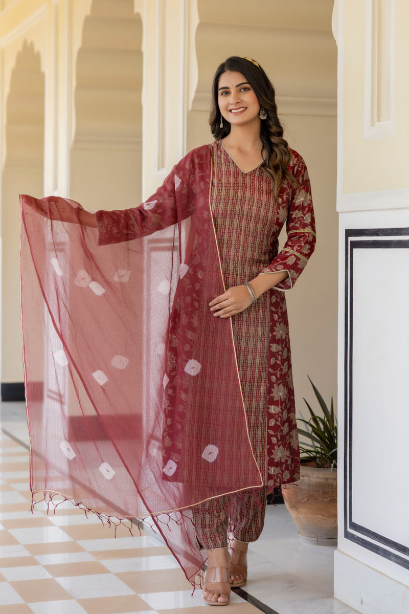 Red Printed Chanderi Suit with Dupatta