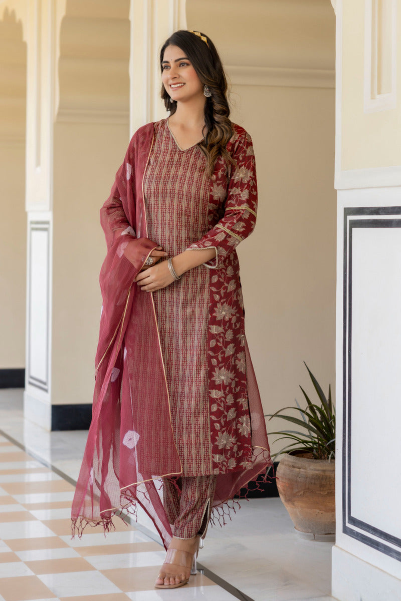 Red Printed Chanderi Suit with Dupatta