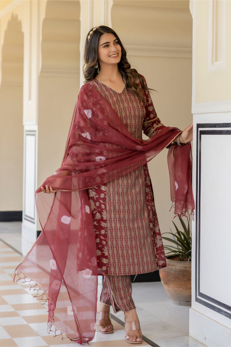 Red Printed Chanderi Suit with Dupatta