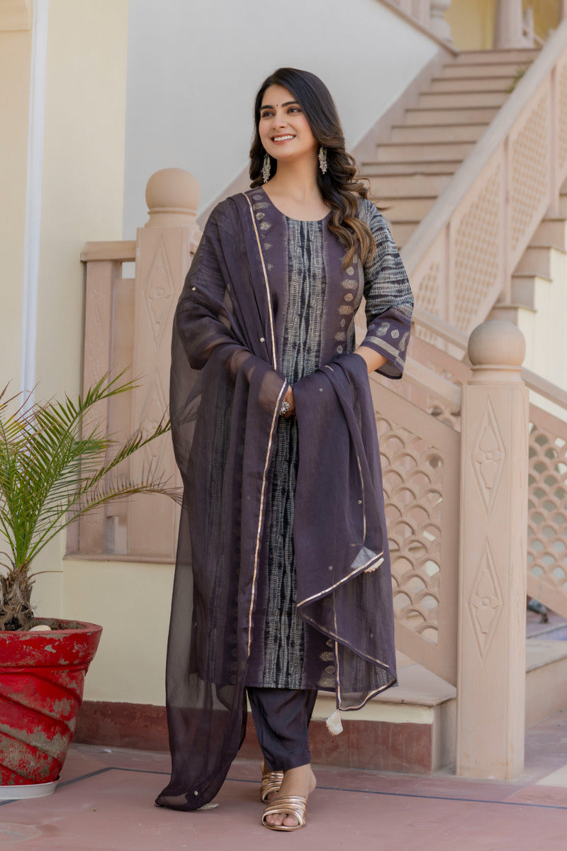 Grey Printed Chanderi Suit with Dupatta