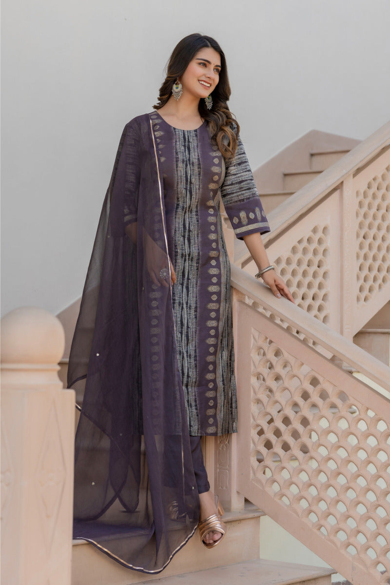 Grey Printed Chanderi Suit with Dupatta